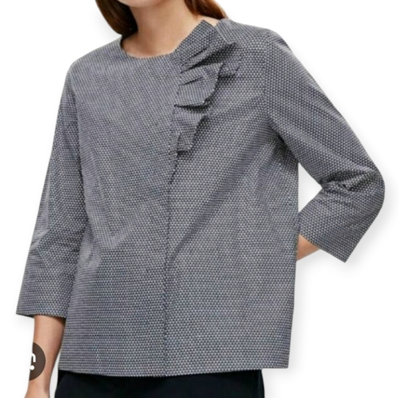 COS Cotton Poplin Ruffle Front Button Blouse Navy White 3/4 Sleeve 34 (XS) - Picture 16 of 16